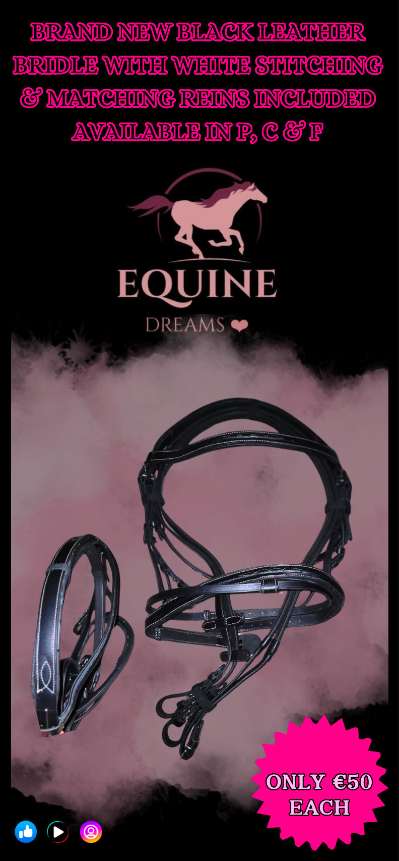 ✨ Brand New Black Leather Bridles with White Stitching & Matching Reins ✨